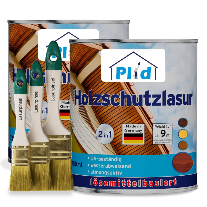 Zwei Dosen von plid Holzschutzlasur - Pinselset für den Holzschutz im Außenbereich werden mit drei Pinseln davor ausgestellt. Die Dosen zeigen deutsche Produktinfos, UV-Schutz-Merkmale und Bilder von lackierten Holzoberflächen.