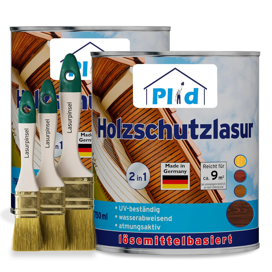 Das plid Holzschutzlasur - Pinselset enthält drei Pinsel und zwei Dosen für den Holzschutz im Außenbereich, gekennzeichnet als UV-Schutz, wasserabweisend, atmungsaktiv und lösemittelhaltig, mit Abbildungen von Holzoberflächen auf der Verpackung.