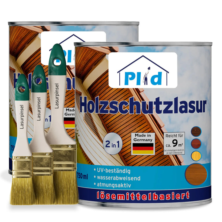 Plid Holzschutzlasur - Pinselset enthält Dosen mit Holzlasur und drei Pinsel. Die Etiketten zeichnen sich durch UV-Schutz, Wasserabweisung und Atmungsaktivität aus. Dieses lösemittelhaltige Produkt ist perfekt für den Holzschutz im Außenbereich und wird in Deutschland hergestellt.