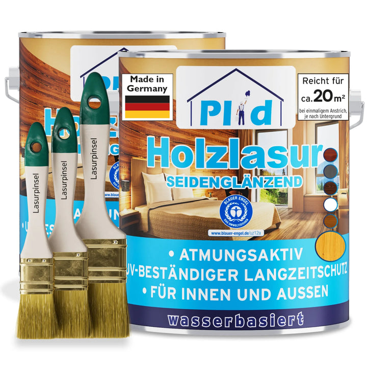 Zwei Dosen plid Holzlasur - Anstreichset mit deutschen Etiketten, dazu drei Pinsel. Die blauen und braunen Dosen stehen für wetterfesten Schutz für den Innen- und Außenbereich.