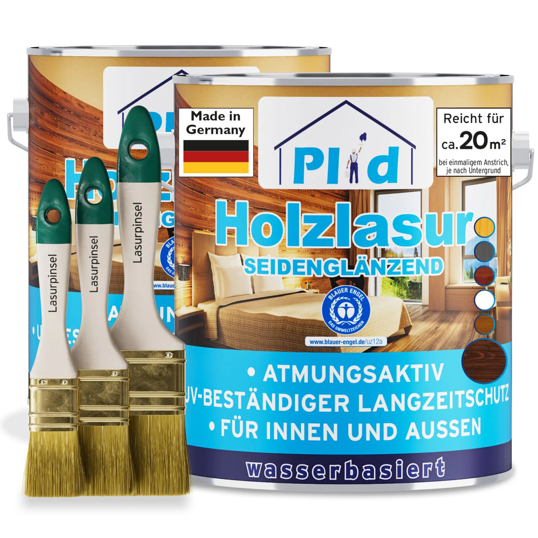 Das plid Holzlasur - Anstreichset enthält zwei Dosen wetterfeste Holzlasur (für Möbel im Innenbereich, je 20m²) und drei Pinsel. Hergestellt in Deutschland.