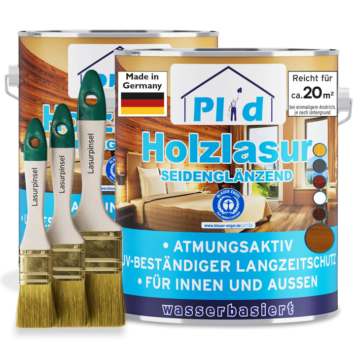 Das plid Holzlasur - Anstreichset enthält zwei halbglänzende, wetterfeste Holzlasuren auf Wasserbasis (Made in Germany) und drei Pinsel für den Innen- und Außenbereich.