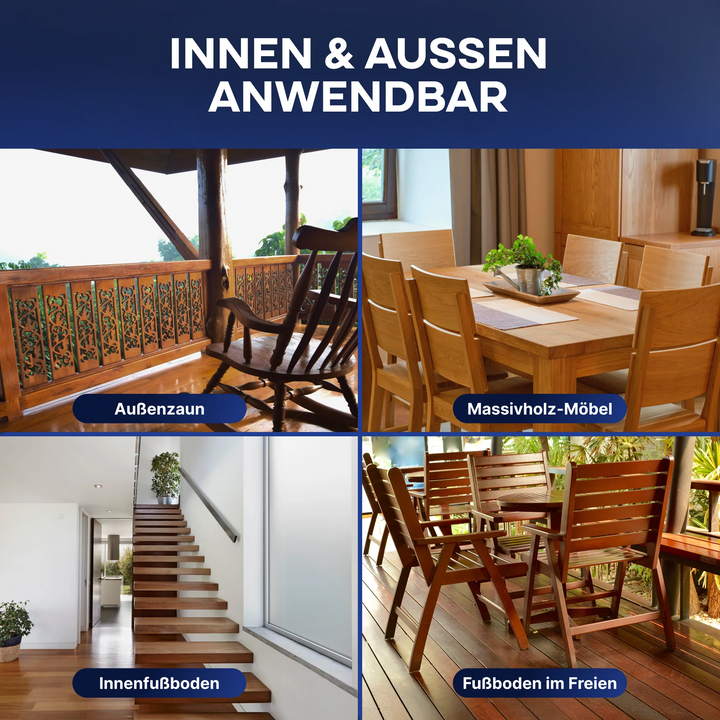 Eine Collage zeigt das plid Holzlasur für innen &amp; außen - wetterfest &amp; atmungsaktiv auf Zäunen, Essmöbeln, Treppen und Außenanlagen. Text: INNEN &amp; AUSSEN ANWENDBAR.