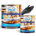 Zwei Dosen plid PLID Epoxidharz mit Härter für innen und außen, in deutscher Sprache beschriftet und ideal für Resin Art oder River Table Projekte. Auf jeder Dose sind schwarze Handschuhe, deutsche Flaggen und "Made in Germany" abgebildet.