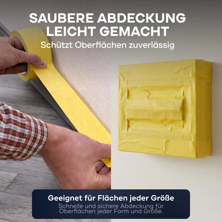 Eine Person trägt Plid Goldband Malerkrepp von PLID Shop auf eine Bodenkante auf, wobei eine Wandbefestigung vollständig abgedeckt ist. Deutscher Text betont seine einfache, zuverlässige Oberflächenschutz und genaue Farbkanten-ideal für jede Größe.