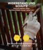 Eine Hand mit Arbeitshandschuh ölt ein Hartholz-Gartenmöbel. Oben: Widerstand und Schutz - gib deinen Möbeln neues Leben mit plid Holzöl natürlich & pflegend! Unten: Für Sonne und Regen - wir sind für dich da!.