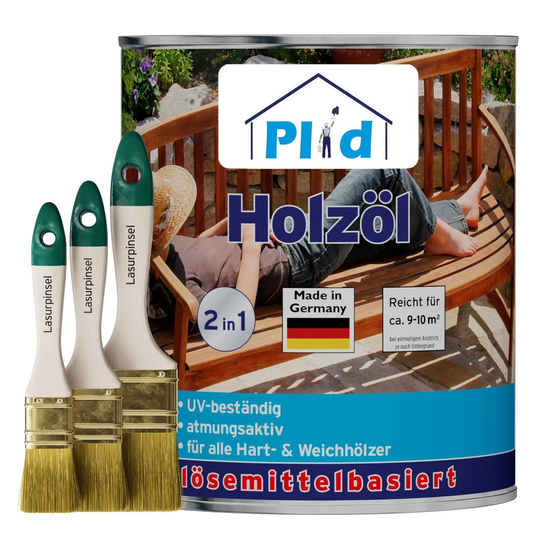 Eine Dose plid Holzöl - Anstreichset mit drei Pinseln. Das Etikett zeigt eine Person auf einer Holzbank im Freien und hebt die UV-Beständigkeit hervor, geeignet für Hartholz Gartenmöbel und Weichholz.