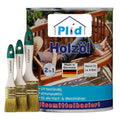 Eine Dose plid Holzöl - Anstreichset mit drei Pinseln. Das Etikett zeigt eine Person auf einer Holzbank im Freien und hebt die UV-Beständigkeit hervor, geeignet für Hartholz Gartenmöbel und Weichholz.