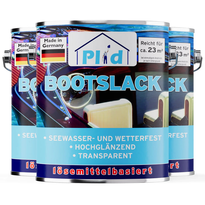 Abgebildet sind drei Dosen von plid Bootslack - wetterfest &amp; hochglänzend für Holz &amp; Außenbereich. Auf den Etiketten ist das hölzerne Innere eines Bootes abgebildet. Der deutsche Text hebt den wasserfesten, wetterfesten und hochglänzenden Holzlack hervor.