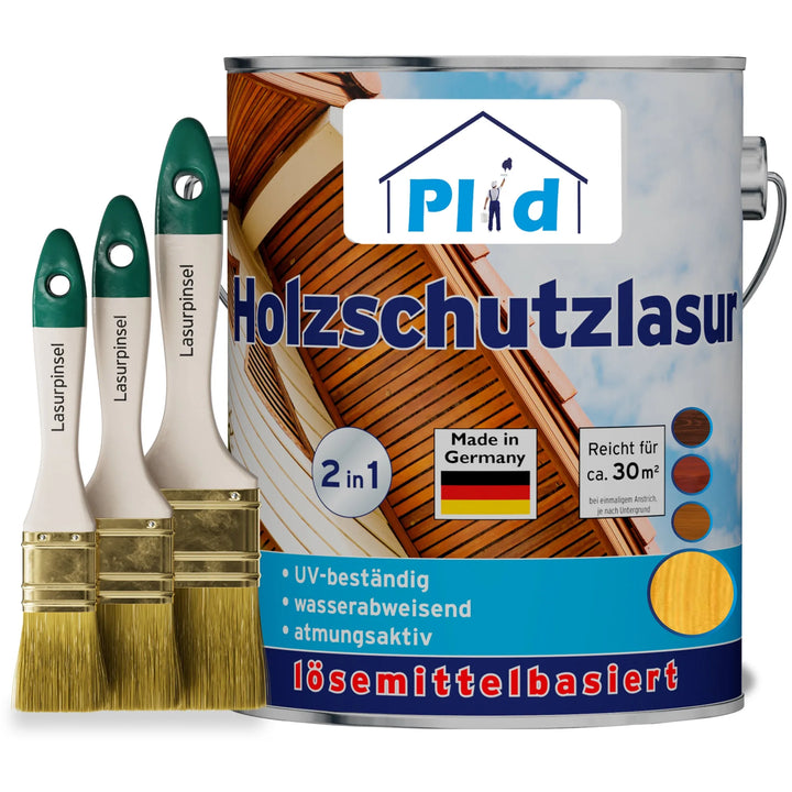 Eine Dose plid Holzschutzlasur - Pinselset steht neben drei Pinseln. Das Etikett zeigt Holzmaserungen vor einem Himmel und betont den UV-Schutz für Holzschutz außen.
