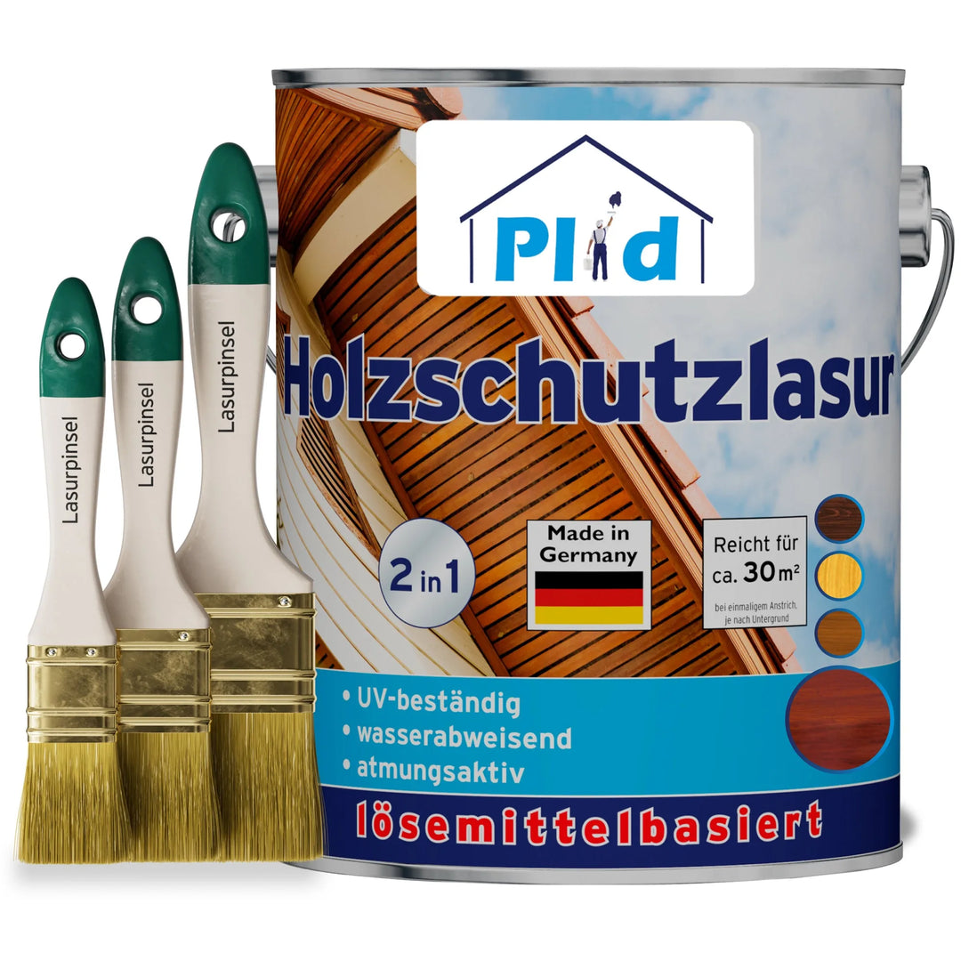 Eine große Dose plid Holzschutzlasur - Pinselset für den Holzschutz im Außenbereich steht neben drei Pinseln. Das Etikett zeigt Holztafeln, Produktdetails und einen deutschen Text, der den UV-Schutz und die wasserabweisende Wirkung hervorhebt.