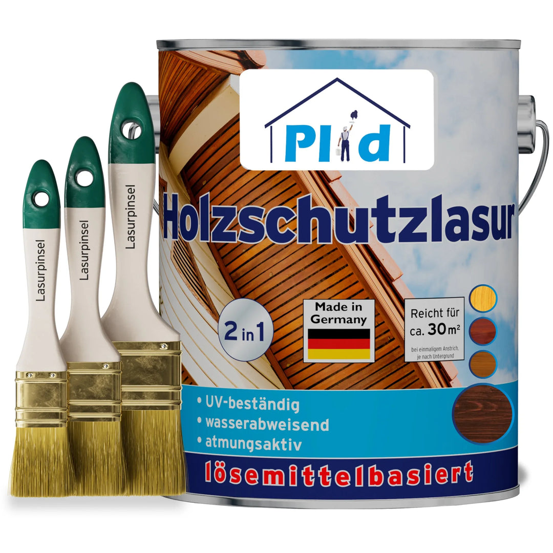 Plid Holzschutzlasur - Pinselset: Enthält eine Made in Germany Holzschutzlasur-Dose für den Außenbereich, drei Pinsel und zeigt eine Holzhausfassade. Das Etikett hebt den UV-Schutz, die wasserabweisende Wirkung und die Atmungsaktivität hervor.