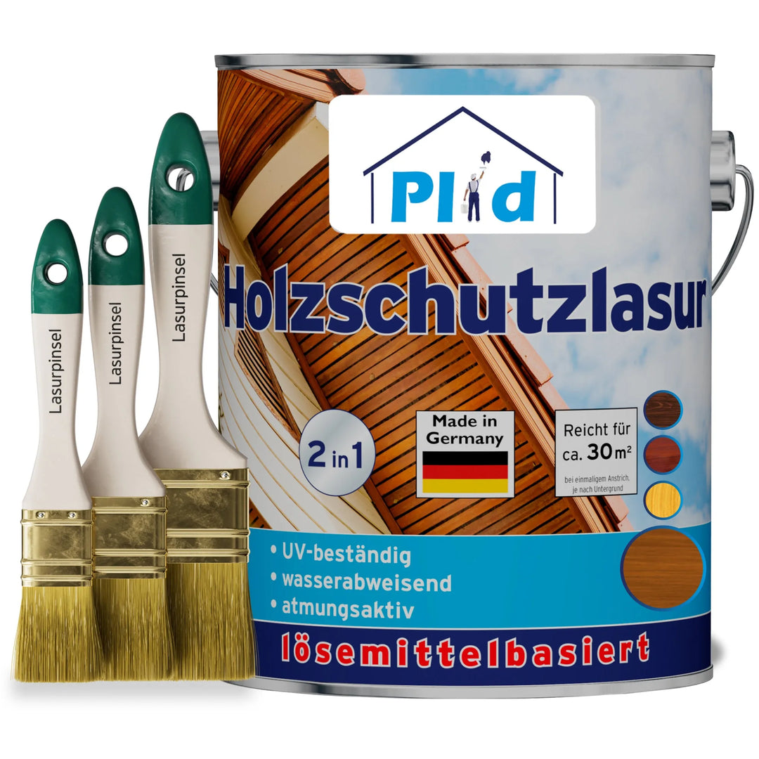 Das plid Holzschutzlasur - Pinselset besteht aus einer Dose für den Holzschutz im Außenbereich und drei Pinseln. Die Dose zeigt Holzverkleidungen, Farbmuster und Symbole für UV-Schutz, Wasserfestigkeit und Atmungsaktivität.