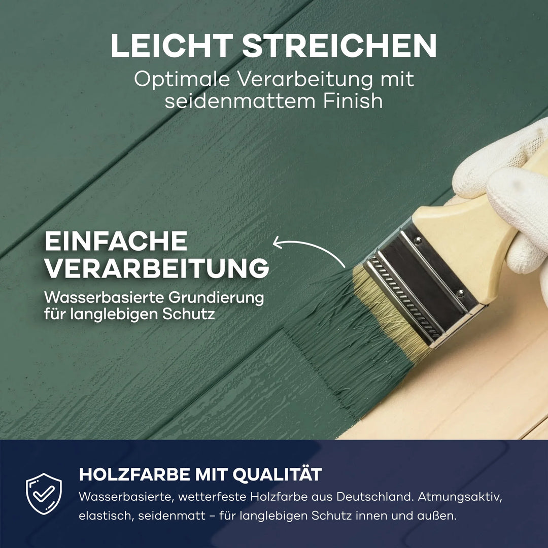 Eine Hand streicht grünes Holz mit plid Plid Wetterschutz Holzfarbe - eine leicht zu verarbeitende, seidenmatte, hochbeständige Holzfarbe auf Wasserbasis von plid für den Innen- und Außenbereich. Made in Germany für optimale Verarbeitung und Wetterbeständigkeit.