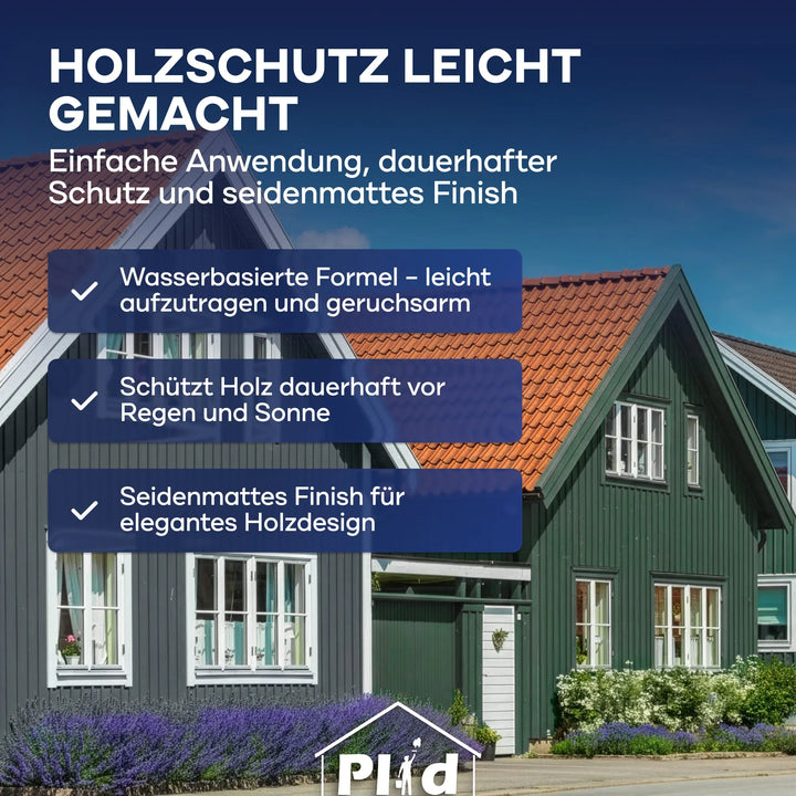 Ein grünes Holzhaus mit rotem Dach unter einem blauen Himmel. Das Text-Overlay hebt die plid Plid Wetterschutz Holzfarbe - deckend &amp; wetterfest für innen &amp; außen hervor, die eine leicht aufzutragende, wasserbasierte, wetterfeste Formel mit seidenmattem Finish bietet.