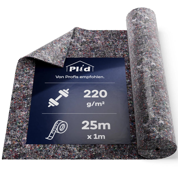 Eine Rolle plid Abdeckvlies 220 g/m² (25m x 1m), ideal für Bodenschutz bei Renovierung &amp; Bau. Das Etikett zeigt Gewicht, Länge und "Von Profis empfohlen". Markenname: plid.