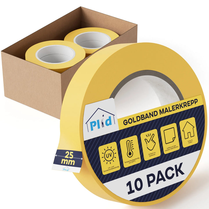 Eine große Rolle Plid Goldband Malerkrepp - Premium Abklebeband für exakte Farbkanten &amp; saubere Linien von PLID Shop sitzt vor einem offenen Karton mit weiteren Rollen. Die Verpackung hebt die UV-Beständigkeit und Temperaturtoleranz hervor.