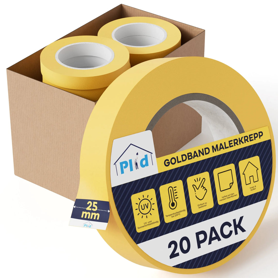 Eine Rolle Plid Goldband Malerkrepp - Premium Abklebeband von PLID Shop für exakte Farbkanten &amp; saubere Linien ist vorne abgebildet, mit einer Box (20 Stück, 25 mm) dahinter. Icons zeigen UV-Schutz, rückstandsfreie Entfernung und Eignung für Innenräume.