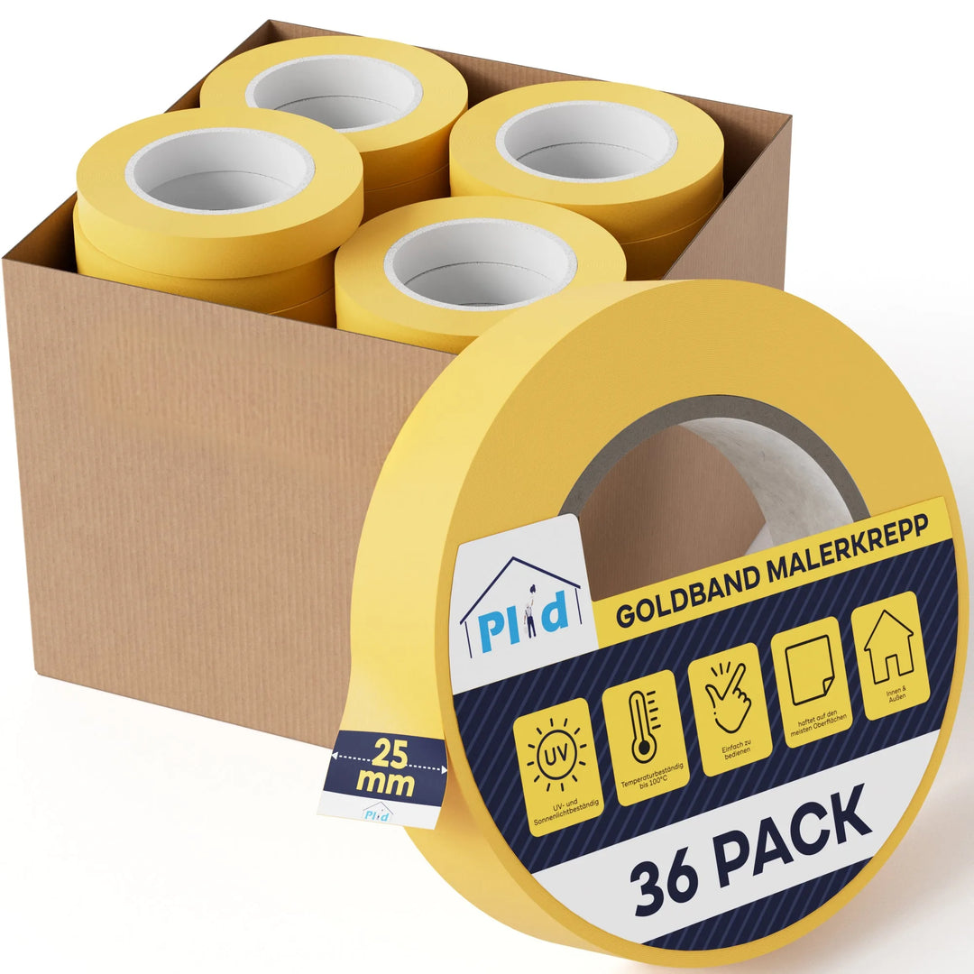 Ein Karton enthält 36 Rollen Plid Goldband Malerkrepp, Premium-Malerband aus dem PLID Shop. Jede 25 mm breite Rolle ist ideal für exakte Farbkanten und saubere Linien. Eine Rolle vorne zeigt das Etikett mit Icons und Produktinfos.