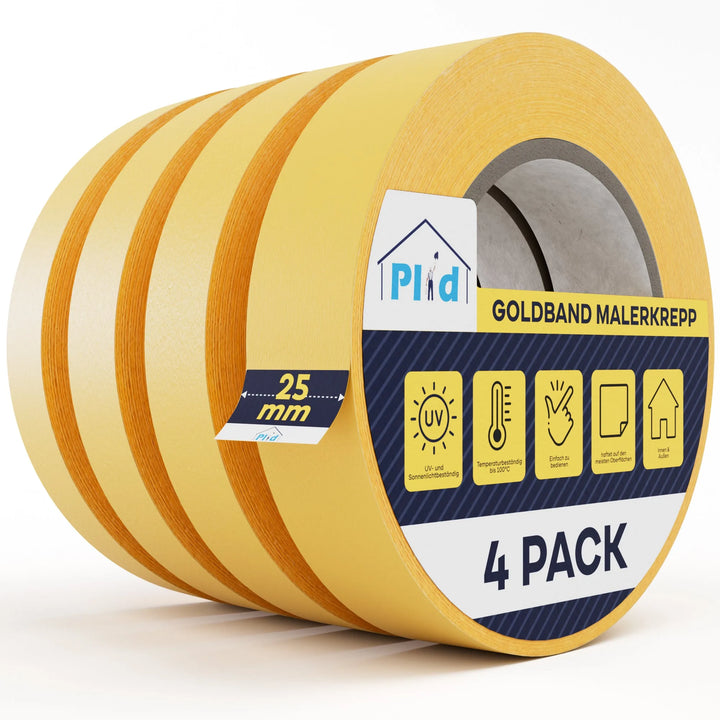 Vier Rollen Plid Goldband Malerkrepp von PLID Shop, 25 mm breit, ideal für scharfe Farbkanten, UV- und hitzebeständig, für den Innenbereich geeignet. Klares 4er-Pack Verpackungs-Premiumband für präzise Ergebnisse und saubere Linien.