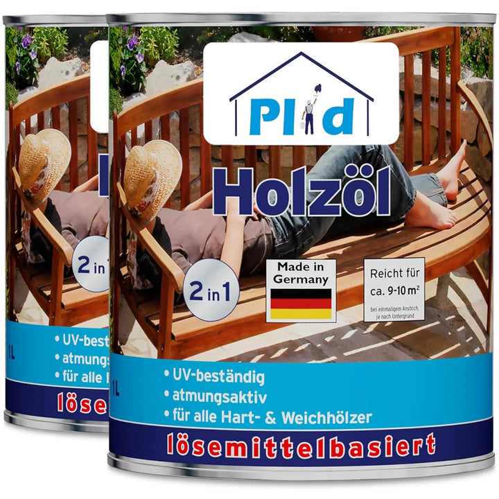 Abgebildet sind zwei Dosen plid Holzöl natürlich &amp; pflegend für Holz innen &amp; außen mit einem Etikett, das eine Frau auf einer Holzbank zeigt. Das Etikett hebt die UV-Beständigkeit, die Möbelpflege, die Eignung für viele Hölzer und die Reichweite pro Dose hervor.