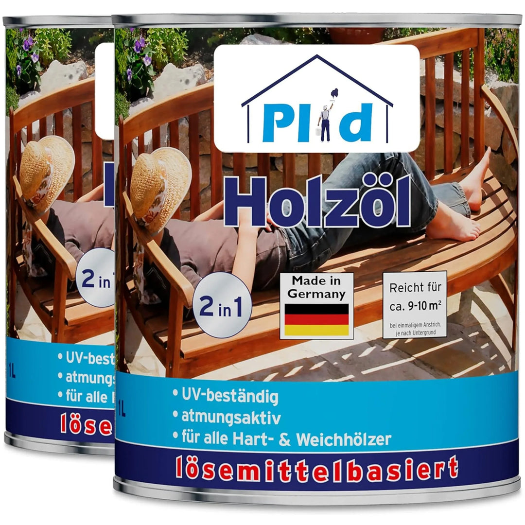 Abgebildet sind zwei Dosen plid Holzöl natürlich &amp; pflegend für Holz innen &amp; außen, auf denen sich eine Frau auf einer Holzbank im Freien ausruht. Die Etiketten weisen auf UV-Beständigkeit, Hartholz Schutz, Eignung für Weichholz und Gartenmöbel Pflege hin. Hergestellt in Deutschland.