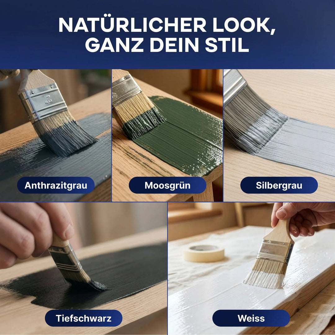 Fünf Bilder zeigen Plid® Möbellack Innen &amp; Außen von plid in Anthrazitgrau, Moosgrün, Silbergrau, Tiefschwarz und Weiss im Einsatz - farbenfroher Buntlack für Möbel und Holz, ideal für den Innen- und Außenbereich.