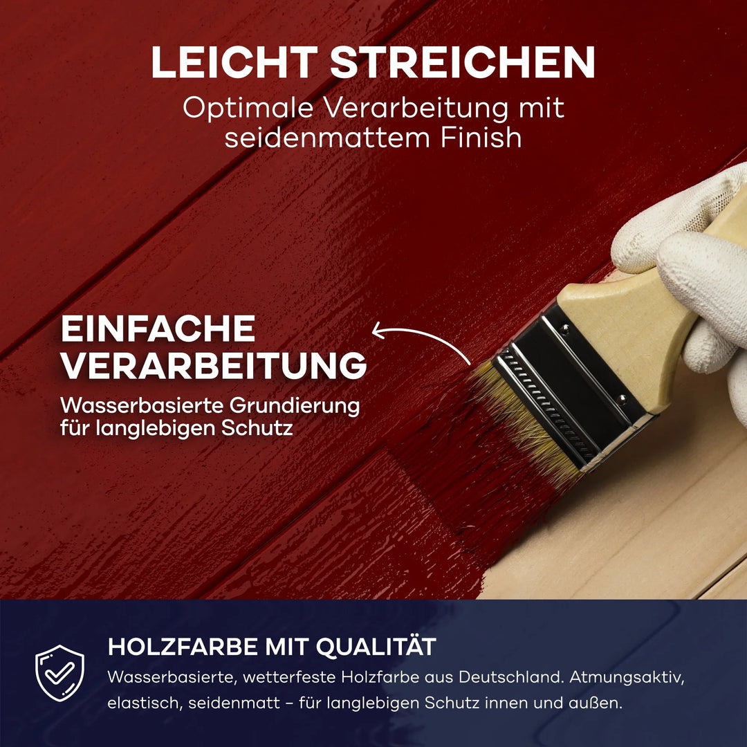 Eine Hand in einem weißen Handschuh streicht Holzbretter rot mit Plid Wetterschutz Holzfarbe von plid. Der deutsche Text hebt die einfache Anwendung, die seidenmatte Oberfläche, die Langlebigkeit und die Premiumqualität für optimalen Holzschutz im Innen- und Außenbereich hervor.