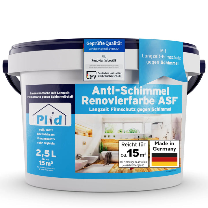 Ein 2,5L-Gebinde plid Anti-Schimmel Renovierfarbe Langzeit-Filmschutz deckt ca. 15m² ab, ist ideal für Feuchträume, für die Innenanwendung gekennzeichnet, bietet dauerhaften Filmschutz gegen Schimmel und ist mit "Made in Germany" und Zertifizierungsplakette versehen.