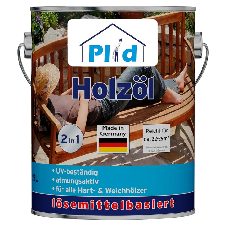 Eine Dose plid Holzöl natürlich &amp; pflegend für Holz innen &amp; außen, die eine Frau auf einer Holzbank im Freien zeigt. Das Etikett vermerkt 2 in 1, Made in Germany, UV-Schutz und Eignung für Hart- und Weichholz.