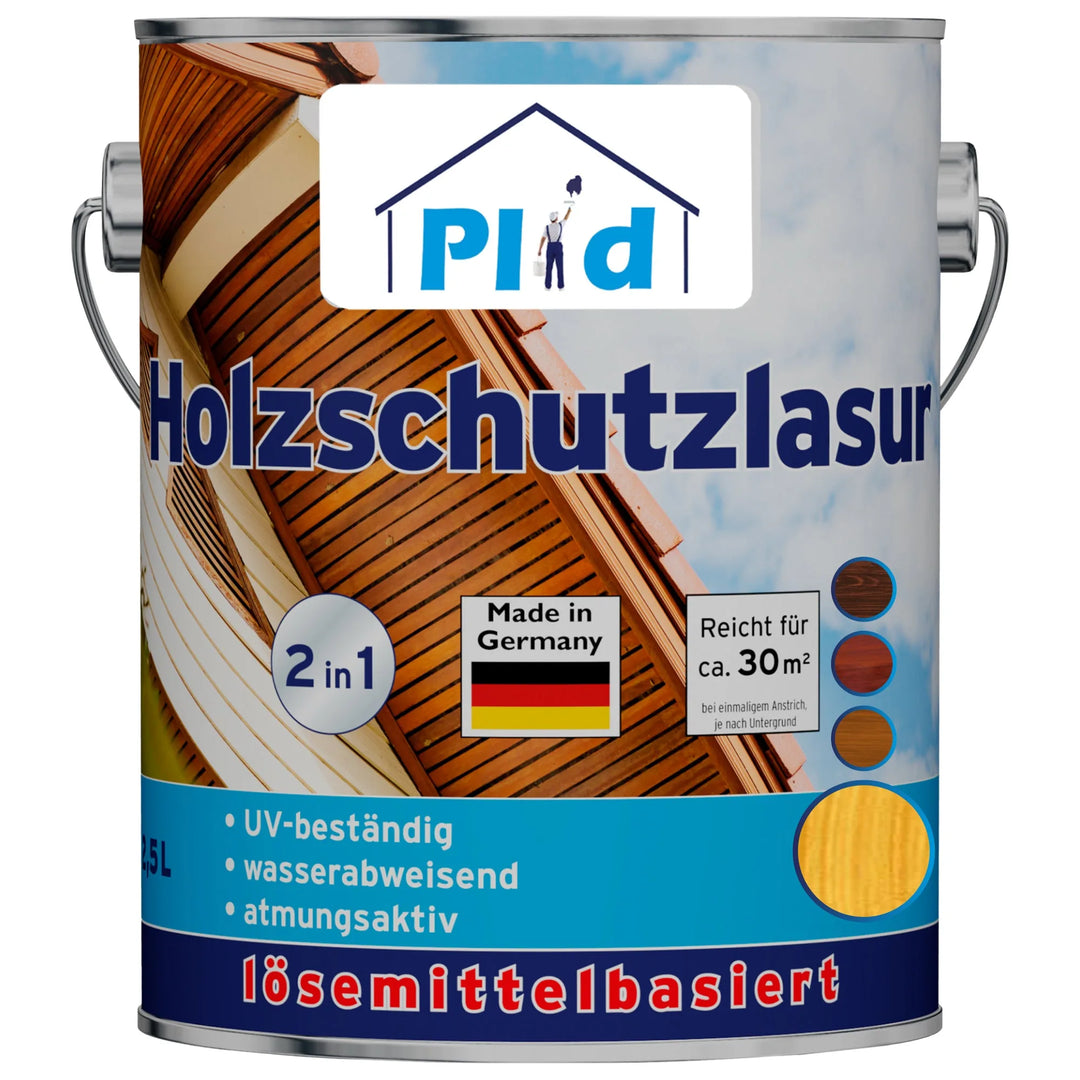 Eine Metalldose von plid Holzschutzlasur außen wetterfest &amp; atmungsaktiv zeigt ein Holzhausmotiv, eine deutsche Produktinformation, das Label "Made in Germany" und Symbole für UV-Beständigkeit, Wasserabweisung und Atmungsaktivität - ideal für die Holzpflege im Außenbereich.