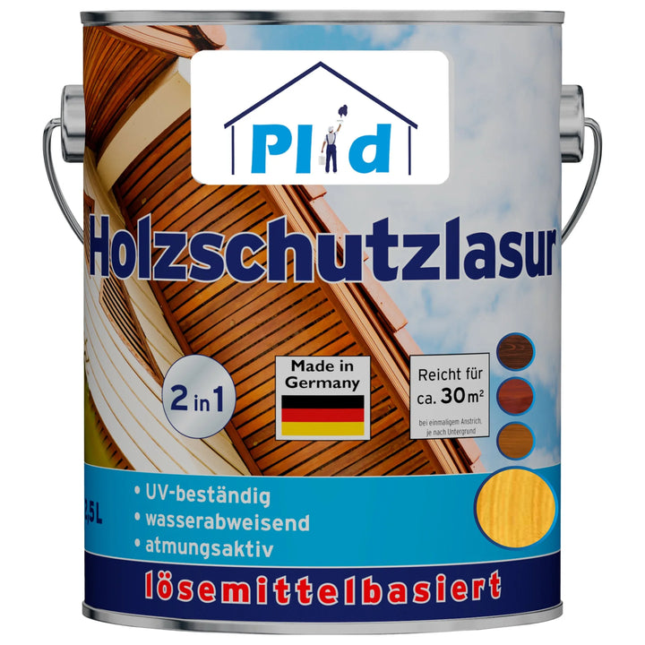 Eine Metalldose von plid Holzschutzlasur außen wetterfest &amp; atmungsaktiv zeigt ein Holzhausmotiv, eine deutsche Produktinformation, das Label "Made in Germany" und Symbole für UV-Beständigkeit, Wasserabweisung und Atmungsaktivität - ideal für die Holzpflege im Außenbereich.