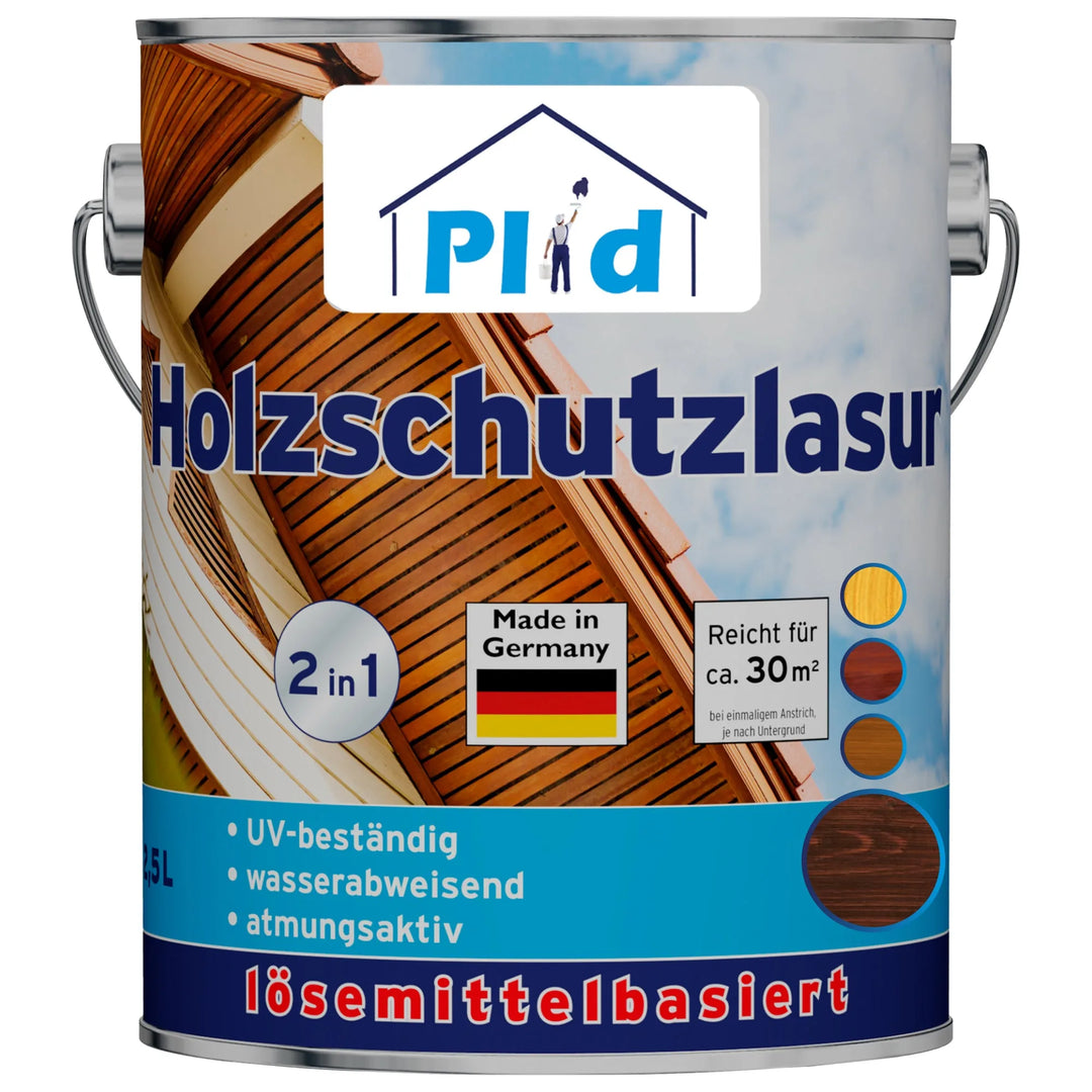 Eine Metalldose von plid Holzschutzlasur außen wetterfest &amp; atmungsaktiv zeigt ein Holzhausfoto, deutschen Text, Funktionssymbole, die deutsche Flagge und ein blaues "plid"-Logo mit Hausumriss. Ideal für den Holzschutz im Außenbereich.