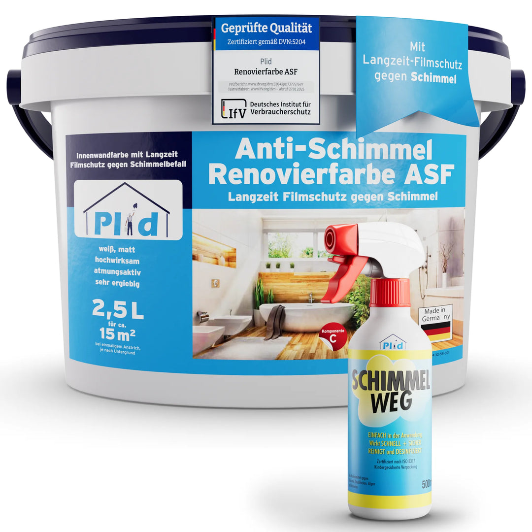 Eine Kunststoffwanne plid Anti-Schimmel Renovierfarbe Langzeit-Filmschutz und eine Sprühflasche Schimmel Weg Schimmelentferner sorgen für langanhaltenden Schimmelschutz in Feuchträumen und anderen Innenbereichen.