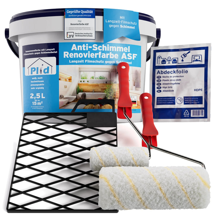 Das Set enthält einen 2,5-Liter-Eimer plid Anti-Schimmel Renovierfarbe Langzeit-Filmschutz, zwei Farbroller mit roten Griffen, ein schwarzes Farbgitter und eine versiegelte Kunststoff-Schutzfolie - ideal für Feuchträume und frische Renovierungen.