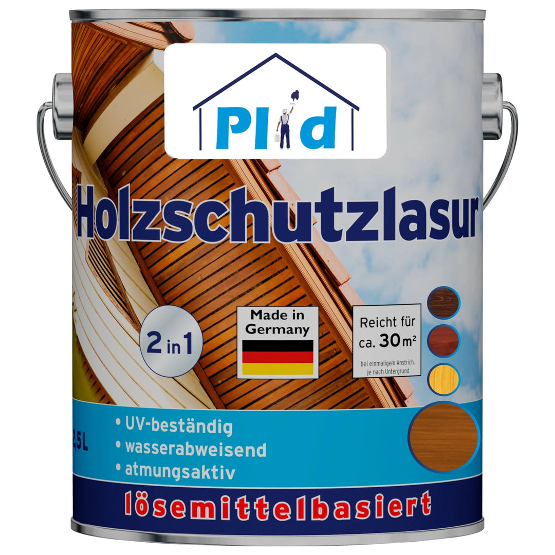 Eine plid Holzschutzlasur außen wetterfest &amp; atmungsaktiv Farbdose zeigt eine Holzgrafik, die deutsche Flagge und einen Text, der UV-Beständigkeit, Wasserabweisung, Atmungsaktivität und Deckkraft für 30 m² hervorhebt. Oben ist das Markenlogo abgebildet.