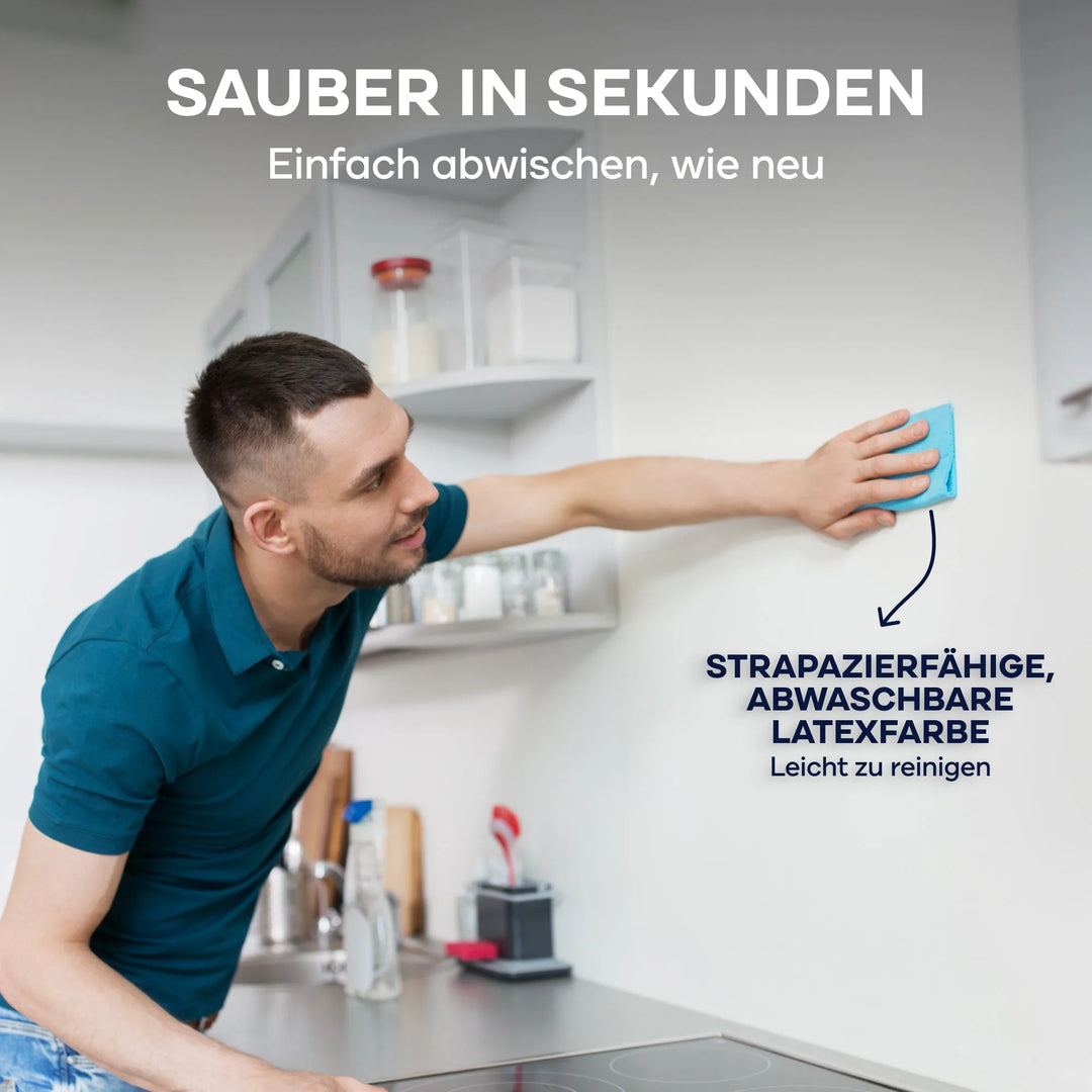 Ein Mann in einem blauen Hemd wischt eine Küchenwand ab. Der Text hebt das plid Latexfarbe scheuerbeständig &amp; hochdeckend innen - strapazierfähig, abwaschbar, pflegeleicht - mit der Überschrift "Sauber in Sekunden" hervor.