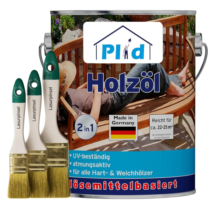 Eine Dose von plid Holzöl - Anstreichset mit drei Pinseln. Die Dose zeigt eine Frau auf einer Holzbank und einen deutschen Text, der die Eignung für Hartholz Gartenmöbel und sowohl Hart- als auch Weichholz hervorhebt.