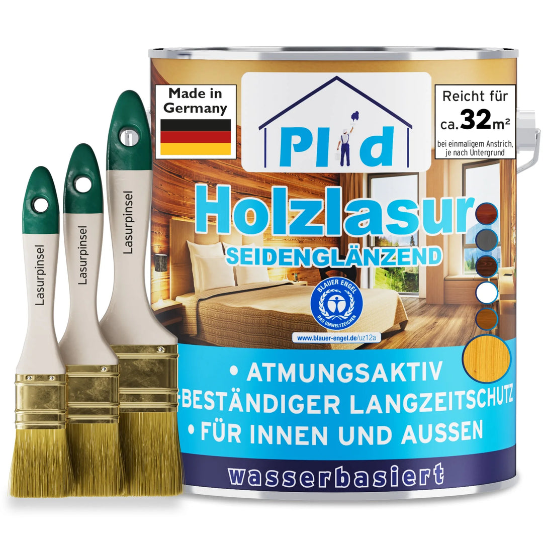 Eine Dose plid Holzlasur - Anstreichset, beschriftet mit "seidenglänzend" und "wasserbasiert", steht mit drei Pinseln. Das Etikett hebt den wetterfesten Holzschutz für dauerhaften Schutz im Innen- und Außenbereich hervor.
