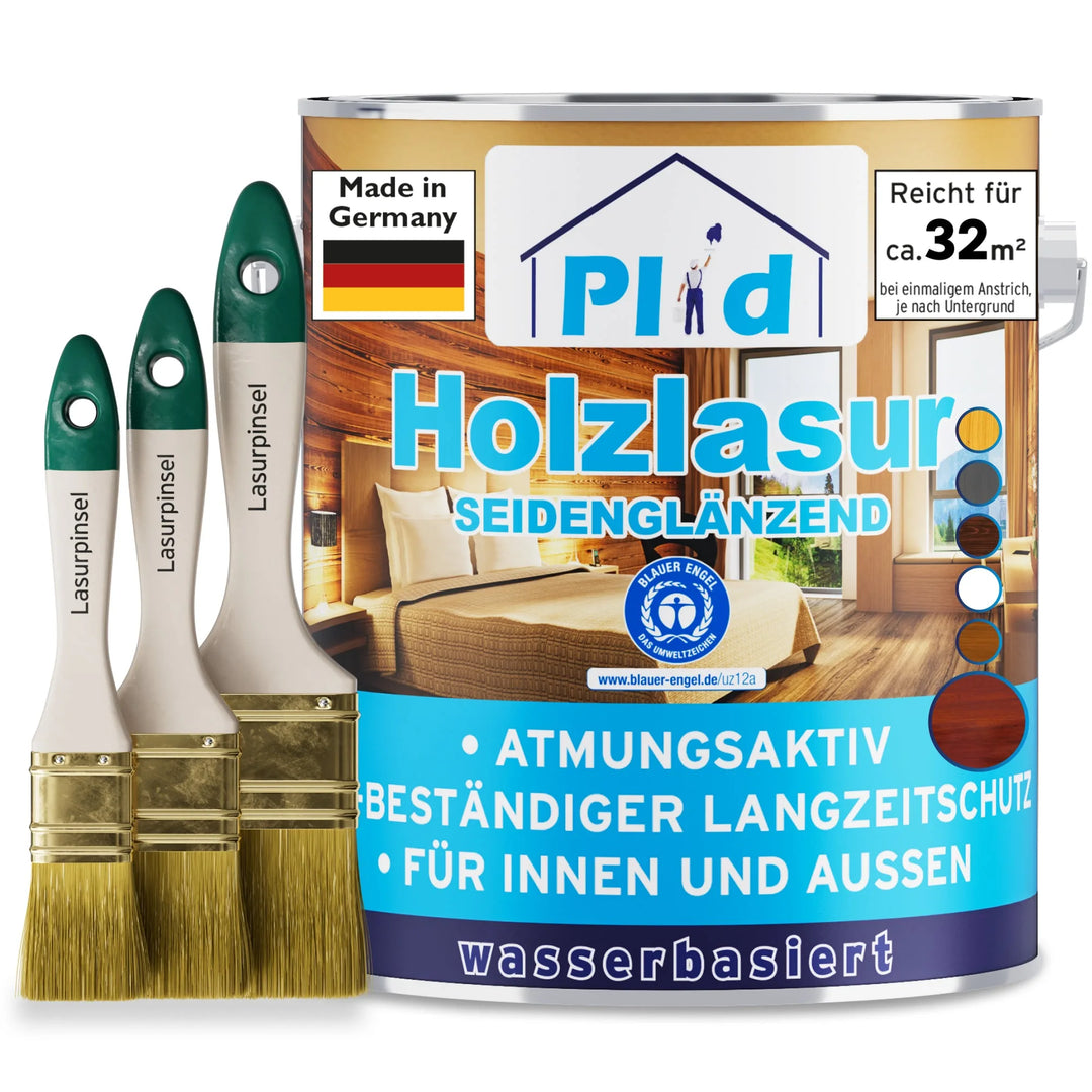 Eine Dose plid Holzlasur - Anstreichset mit drei Pinseln daneben. Das Etikett hebt den wasserbasierten, wetterfesten Schutz für Holz im Innen- und Außenbereich sowie den hochwertigen Holzschutz aus deutscher Produktion hervor.
