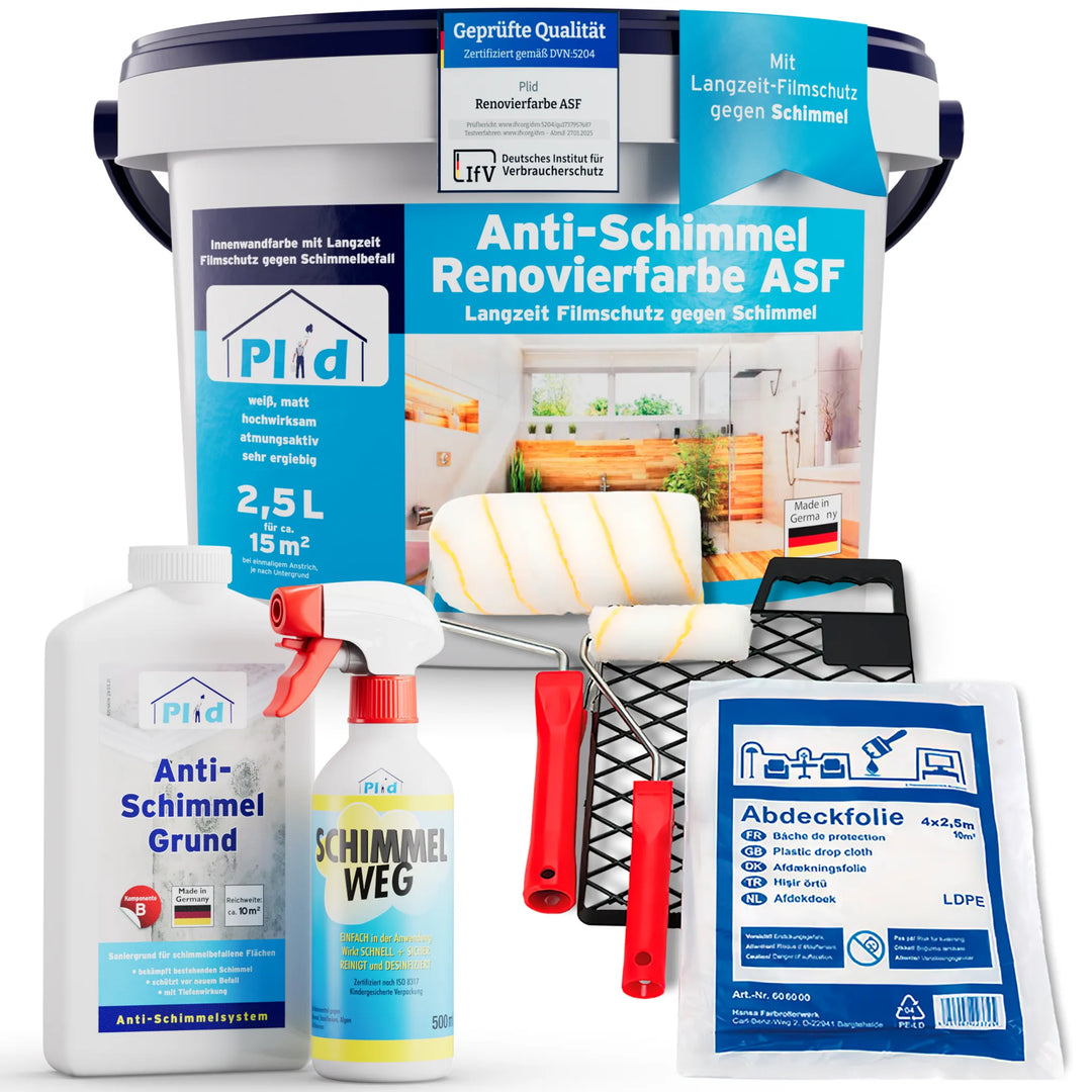 Ein Set von plid Anti-Schimmel Renovierfarbe Langzeit-Filmschutz Produkten, einschließlich Farbe für Feuchträume, Sprühflasche, Reinigungslösung, Rolle mit Schale, Pinsel, Handschuhe und Plastikfolie - alles mit deutschen Etiketten.