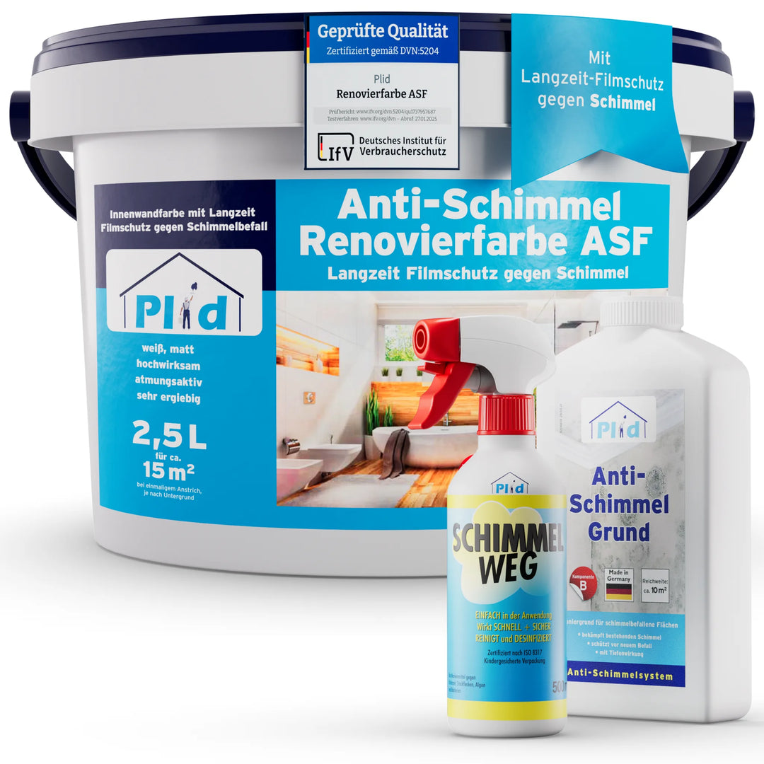 Plid Anti-Schimmel Renovierfarbe Langzeit-Filmschutz 2,5L Set mit Schimmel Weg Spray und Anti-Schimmel Grund Grundierung. Zertifiziert für Feuchträume, deckt 15m² ab, ideal für Innenwände und gewährleistet langfristigen Schimmelschutz.