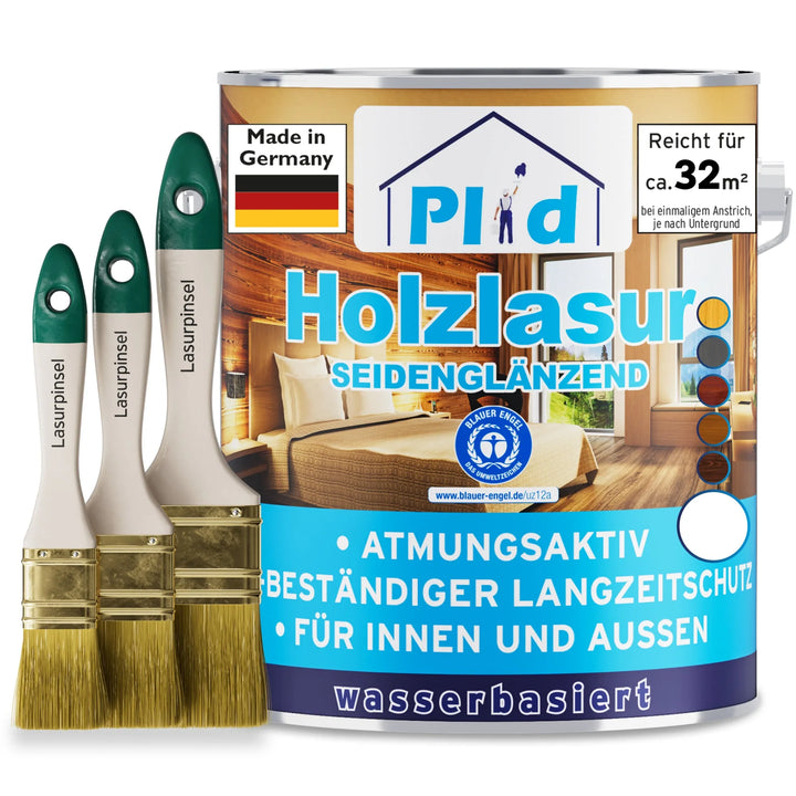 Eine plid Holzlasur - Anstreichset Dose mit der Aufschrift "Holzlasur Seidenglänzend" mit deutschem Holzschutztext für innen und außen, einer Hausgrafik, der deutschen Flagge und drei grünen Pinseln daneben.