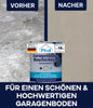 Splitbild eines stumpfen Garagenbodens vor und eines glatten, matt beschichteten Bodens nach der Verwendung von plid Garagenbodenbeschichtung Anstreichset Beton & Estrich. Eine Dose ist zentriert. Der Text hebt die schöne, hochwertige Oberfläche für Betonböden hervor.
