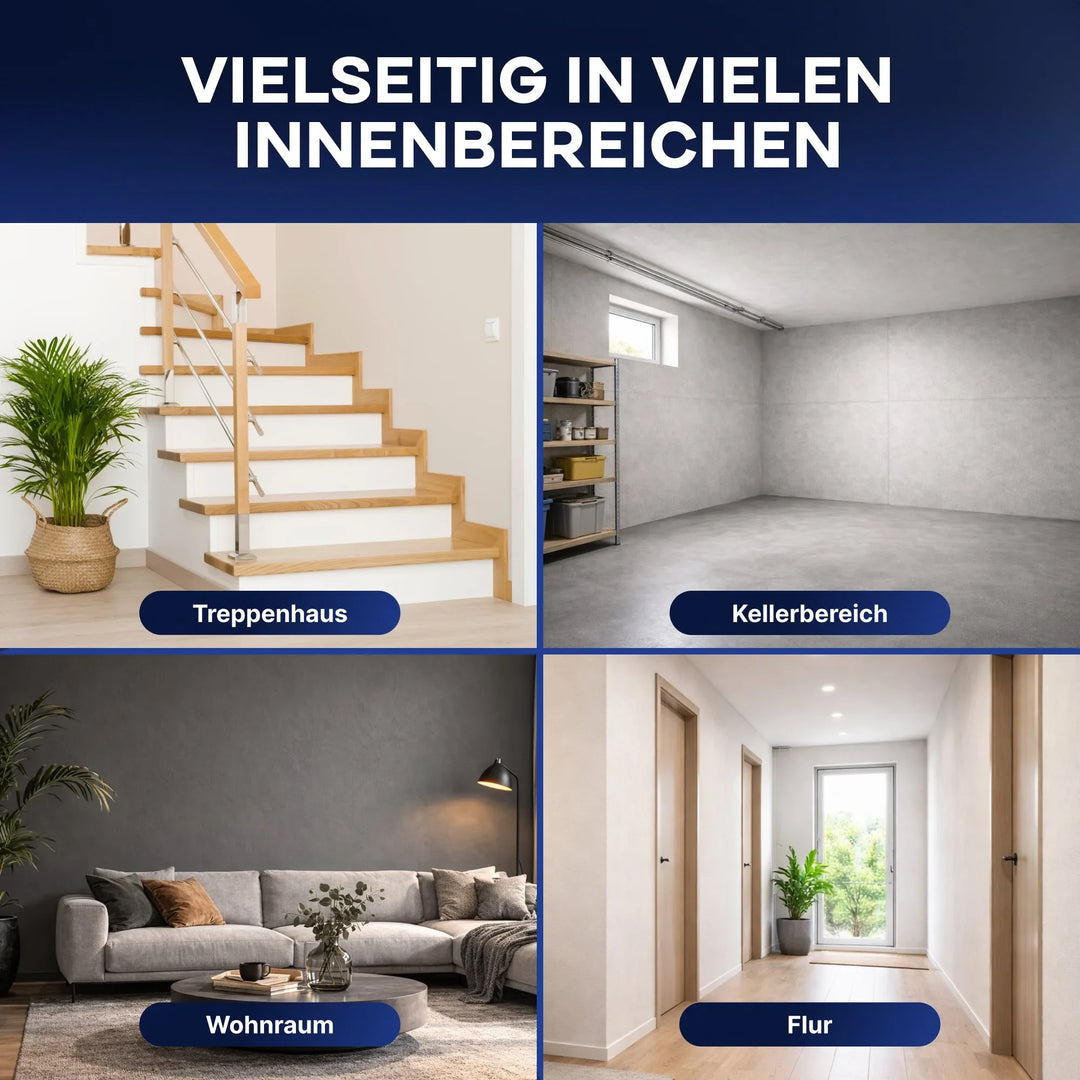 Vier Räume - ein Treppenhaus mit Pflanze, ein Keller mit Regalen, ein Wohnzimmer mit Sofa und Tisch und ein Flur mit Tür - zeigen vielfältige Wohnmöglichkeiten. plid Fassadenfarbe wetterfest &amp; diffusionsoffen sorgt außen für stilvollen Wetterschutz.