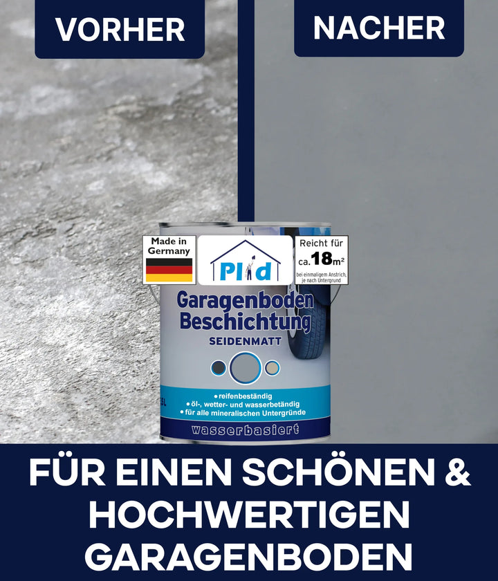 Ein Vorher-Nachher-Bild zeigt einen stumpfen Garagenboden ("Vorher") und einen sauberen, matten Boden ("Nachher") mit plid Garagenbodenbeschichtung Anstreichset Beton &amp; Estrich. Der Text hebt die hochwertige Formel für dauerhafte Ergebnisse hervor.