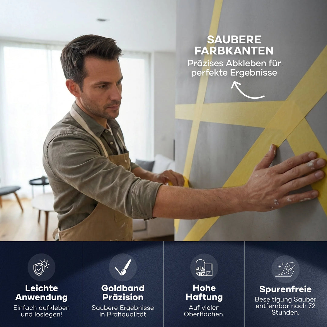 Ein Mann trägt Plid Goldband Malerkrepp - Premium Abklebeband für exakte Farbkanten &amp; saubere Linien (PLID Shop) in einem geometrischen Wandmuster auf. Text und Icons zeigen präzise Kanten, einfache Anwendung, starke Haftung &amp; rückstandsfreie Ablösung nach 72h.