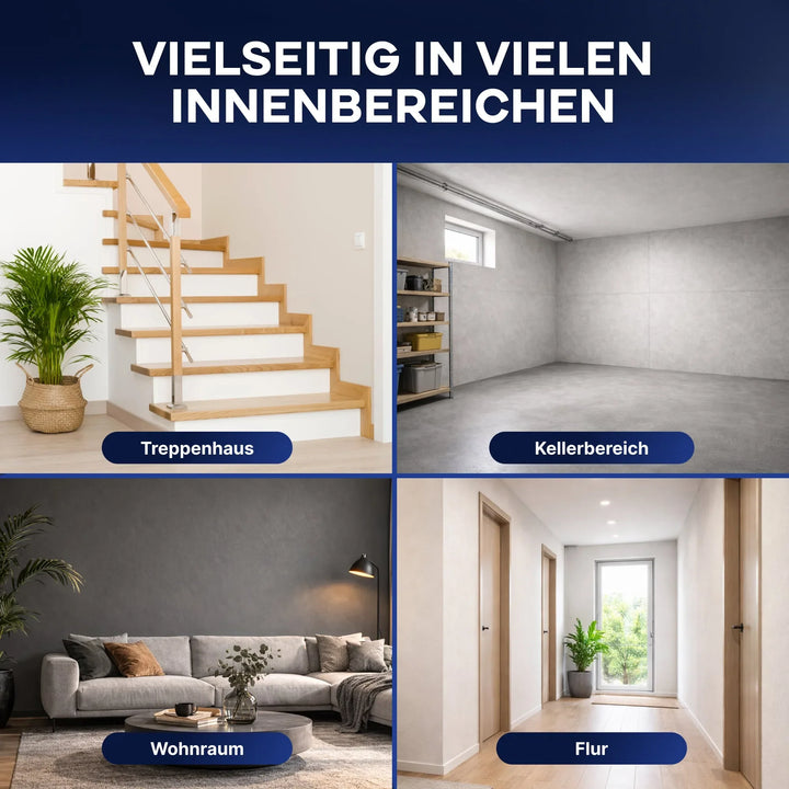 Vier Räume - ein Treppenhaus mit Pflanze, ein Keller mit Regalen, ein Wohnzimmer mit Sofa und Tisch und ein Flur mit Tür - zeigen vielfältige Wohnmöglichkeiten. plid Fassadenfarbe wetterfest &amp; diffusionsoffen sorgt außen für stilvollen Wetterschutz.