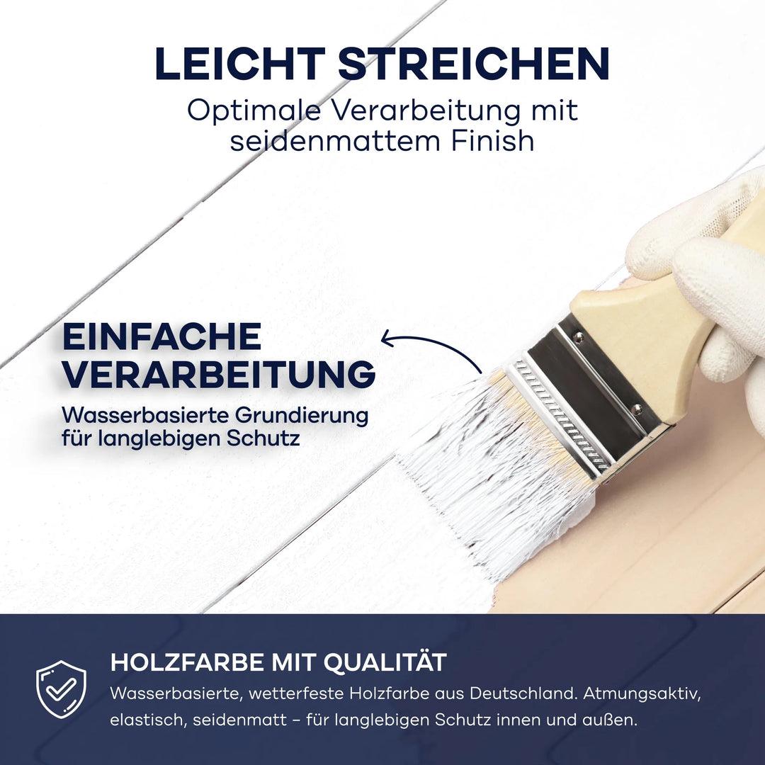 Eine behandschuhte Hand streicht eine weiße Holzoberfläche mit dem plid Holzfarbe - Anstreichset. Genießen Sie die einfache Anwendung, die wasserbasierte Formel, den Top-Holzschutz und das seidenmatte Finish für hochwertige Ergebnisse.