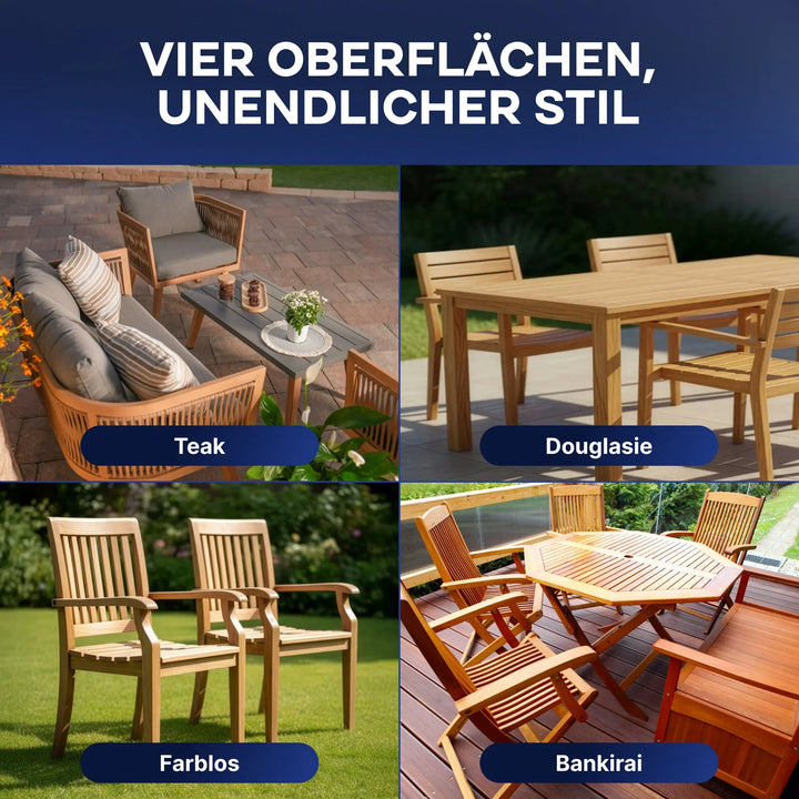 Gezeigt werden vier Holzmöbel für den Außenbereich mit plid Holzöl natürlich &amp; pflegend für Holz innen &amp; außen-perfekte Pflege und langlebiger Schutz. Deutscher Text: Vier Oberflächen, unendlicher Stil.